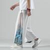 Verão 2024 Novo Masculino Seda Gelada Fashionável Estilo Nacional Combinação de Cores Calças de Pernas Largas Japonesas Plus Size Soltas Retro Casuais