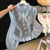 Nuevo Elegante Conjunto de Dos Piezas: Camisa de Manga Larga a Rayas con Chaleco de Punto Otoño Versátil Top A14485