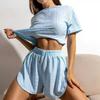 Pijama de Verano Transfronterizo Estilo Europeo y Americano para Mujer Cómodo Suelto Color Sólido Calado de Dos Piezas Ropa para el Hogar de Manga Corta y Pantalón Corto