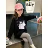 Camiseta de algodão puro com estampa de desenho animado para meninas, manga longa, corte solto casual estilo coreano, camiseta básica casual fofa para crianças, primavera e outono