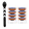 Aparelho de barbear manual masculino em estoque com lâminas de três camadas, cabeça de lâmina de aço inoxidável multicamada, modelo bicolor laranja e azul