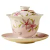 Conjunto de Chá Gaiwan de Três Peças com Flor de Cerejeira Roxa e Rosa Pintado à Mão, Tigela de Chá Doméstica Individual de Cerâmica de Alta Qualidade com Tampa, Xícara de Chá, Conjunto de Chá Kung Fu