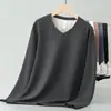 Camiseta de Manga Larga de Lana y Seda de Peso Pesado 300g para Hombre con Cuello en V Prenda Interior Doble Cara de Polar Capa Base Ropa Cálida de Otoño