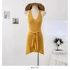 Vestido Curto de Tricô Pure Desire Hot Girl com Gola Halter e Laço, Decote V para Mulheres, Estilo Coreano de Verão, Cintura Marcada, Slim Fit, Bodycon