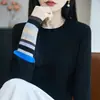 Camiseta base de rayas de alta gama estilo francés 100% algodón con puños de color contrastante para mujer, cuello redondo, corte ajustado, suéter de punto pullover