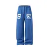 Pantalones Largos Anchos Casuales para Hombre de Primavera y Otoño, Pantalones Deportivos Gruesos Versátiles, Bordado de Luna Creciente, Azul Perezoso, Corte Americano de Cintura Media