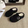 Pantuflas de hebilla de lana de cordero con forro polar para mujer, pantuflas de algodón de suela gruesa para uso en exteriores, con aumento interno de altura, diseño de punta abierta y estilo de punta cerrada, adecuadas para otoño e invierno