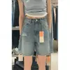 Shorts de mezclilla rotos azules para mujer, estilo fino de verano, talla grande, de cintura alta, adelgazantes, adecuados para cuerpo tipo pera, shorts de pierna ancha de longitud media