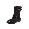 Botas estilo Martin de cuero de plena flor de alta calidad con hebilla ajustable de remache, colección otoño/invierno 2026, tacón medio grueso, punta redonda, botines de cuero genuino para mujer