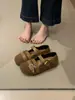 Sapatos Birkenstock de Lã Cinza com Solado Grosso Feminino 2026 Outono/Inverno Novos Sapatos de Salto Único Mary Jane Mocassins Sapatos Peludos