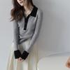 MZONXO suéter de lã com gola polo para o início do outono, temperamento de trabalho, punho feminino com design de cor contrastante, suéter pullover de alta qualidade