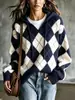 Suéter com Capuz Xadrez Venda Quente Amazon Tiktok Feminino Decote V Cordão Preguiçoso Outono/Inverno Pulôver Tricô