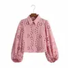 Comércio Exterior Atacado Transfronteiriço Roupas Femininas Europeias e Americanas Verão Nova Moda Camisa Bordada Vazada de Manga Longa com Gola de Lapela Camisa Versátil