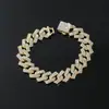 Pulseira hip hop europeia e americana transfronteiriça 15mm fileira dupla diamante completo corrente cubana com diamantes incrustados pulseira masculina de joalheria