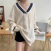 Suéter Grueso de Bloques de Color con Cuello en V para Mujer Otoño e Invierno 2026 Estilo Universitario Versión Coreana Holgado Retro Cardigan de Punto Trenzado para Estudiantes