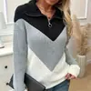 Suéter de Punto Casual para Mujer Xinshangyu, Venta Caliente Transfronteriza, Otoño e Invierno, Solapa, Cremallera, Bloques de Color, Manga Larga, Cuello en V.