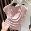 Camiseta Curta Preta com Decote V para Mulheres, Slim Fit Cor Lisa Seda de Gelo Respirável Estilo Coreano Simples Pequeno Top de Cintura Alta