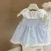 Vestido de Muñeca Azul con Cuello de Encaje para Niñas Verano 2026 Bebé Algodón Puro Elegante Princesa Sin Mangas Vestido Chaleco