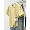 T-shirt casual feminina de verão, design novo, senso de estilo, fivela diagonal, fenda, gola redonda, manga curta, plus size 0619