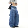 Calça de trabalho azul estampada retrô estilo americano, unissex, coleção de outono, marca da moda, design multibolsos, plissada, estilo paraquedas, calça de trabalho de perna larga
