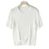Brillante Brillante Sencillo Estilo MIU Lavable a Máquina Lana Cuello Redondo Tejido Camiseta de Manga Corta Top Vintage Lentejuelas Retorcidas