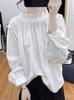 Primavera e Verão Lotus Collar Lantern Manga Algodão Linho de manga comprida Mulheres Idade reduzindo Top Novo Pullover Retrô Loose Carne coberta T-shirt