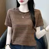 Camiseta Listrada de Algodão de Manga Curta para Mulheres, Novo Estilo de Verão 2026, Ombro Normal, Caimento Solto, Emagrecimento, Gola Redonda, Camiseta de Manga Meia-Manga de Alta Qualidade