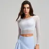 Ropa de Yoga Estilo Nuevo para Mujer, Conjunto de Dos Piezas para Pilates, Top de Fitness Transparente con Encaje Fresco y Sexy, Camiseta de Manga Larga