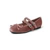 Zapatos Planos Mary Jane de Terciopelo Dorado Suave Dulce Francés con Lazo de Doble Botonadura 2025 Primavera Punta Redonda Talla 42 extra grande
