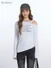 Camiseta Heyhenry Estilo Americano Cuello Diagonal Asimétrico Ceñida a la Cintura de Manga Larga para Mujer, Top Corto Sexy de Hombros Descubiertos Ajustado para Primavera