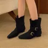 Botas finas de bico quadrado com salto grosso estilo coreano para mulheres, nova moda outono 2026 fivela de cinto botas de tornozelo western retrô