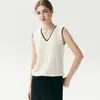 Design estilo francês, pequeno top de malha V de cashmere, conjunto feminino de duas peças com acabamento contrastante, um top único e versátil com elegância chique e discreta