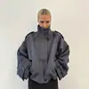 Casaco de Lã Cinza Elegante de Gola Alta, Estiloso, de Alta Qualidade Europeu e Americano para Mulheres, Jaqueta Casual Solta para Outono e Inverno