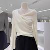 Tricô Elegante Cinza de Alta Qualidade com Gola Drapeada e Mangas Longas para Mulheres, Design Outono/Inverno, Suéter Slim-fit, Top Base Interno