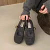 Zapatos de algodón con felpa para mujer, boca poco profunda, nuevos, de una tira, planos, estilo francés, con hebilla, Mary Janes, punta cuadrada, Otoño/Invierno 2026