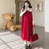 Vestido Chaleco de Ganchillo Pesado de Moda Reductor de Edad Adelgazante de Longitud Media + Camiseta Base Conjunto de Maternidad Otoño e Invierno