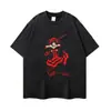 Camiseta de manga corta lavada y desgastada, inspirada en el anime, estilo retro americano, negra, corte holgado, top casual oversize