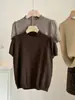 Blusa de tricô curta com manga curta e fio de prata, estilo europeu chique, com gola semi-alta, para mulheres, nova, para o início do outono, com manga bufante, peça básica curta