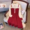 Vestido de punto tipo tirantes falso de dos piezas, nuevo vestido de otoño de manga larga para mujeres petite, para otoño e invierno, bordado rojo, directo de fábrica