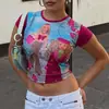 Camiseta Feminina Harajuku Verão Nova Gola Redonda Estampa de Desenho Color Block Manga Curta Top Solto Retrô Roupas Femininas