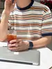 Camiseta Masculina Myq Cor Color Block Listrada Malha Manga Curta Verão Solta Casual Gola Redonda Estilo Coreano