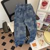 Estilo americano Retro Design Sense Checkerboard Jeans Masculino Marca da moda All-match Nicho Solto Perna larga Slimp Slim Calças