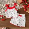 Amazon Europa Verano Fresco Dulce Estilo Niñas Pantalones de Pierna Ancha con Tirantes Estampado de Cerezas Conjunto Ropa de Diario