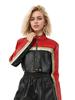 Jaqueta de Couro Feminina Estilo Celebridade da Internet Europeia e Americana, Bloqueio de Cores, Couro PU, Expondo a Cintura, Cool e Estilosa, Estilo Biker Hot Girl, Em Estoque, Design Personalizado