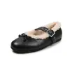 Zapatos Mary Jane de Piel Gruesa con Forro Polar para Mujer Zapatos Planos Otoño/Invierno Nuevos Punta Redonda Lazo Hebilla Única Cálidos Boca Baja Zapatos Individuales