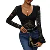 2026 Bodysuit Sexy de Renda com Decote V para Mulheres, Ajuste ao Corpo, Manga Longa Transparente, Macacão Transpassado Amazon Cross-Border