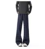 Pantalones a Cuadros Azul Oscuro Retro Americano para Hombre Corte Limpio Casual Micro Acampanados Otoño Invierno Streetwear Pantalones de Pierna Recta Extendida