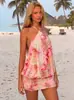 Moda Femenina Europea y Americana Verano 2026 Nuevo Vestido Corto Estampado Estilo Chica Sexy Caliente con Cuello Halter de Corbata y Espalda Descubierta Bodycon
