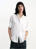 Camisa Blanca de Manga Corta Jcaesar para Mujer, de Tencel y Lino con Borde Enrollado y Textura, Holgada y Relajada