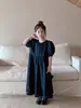 Vestido azul marino para niña con mangas abullonadas, estilo primavera/otoño, vestido de princesa coreano de línea A, vestido largo a la moda para niños